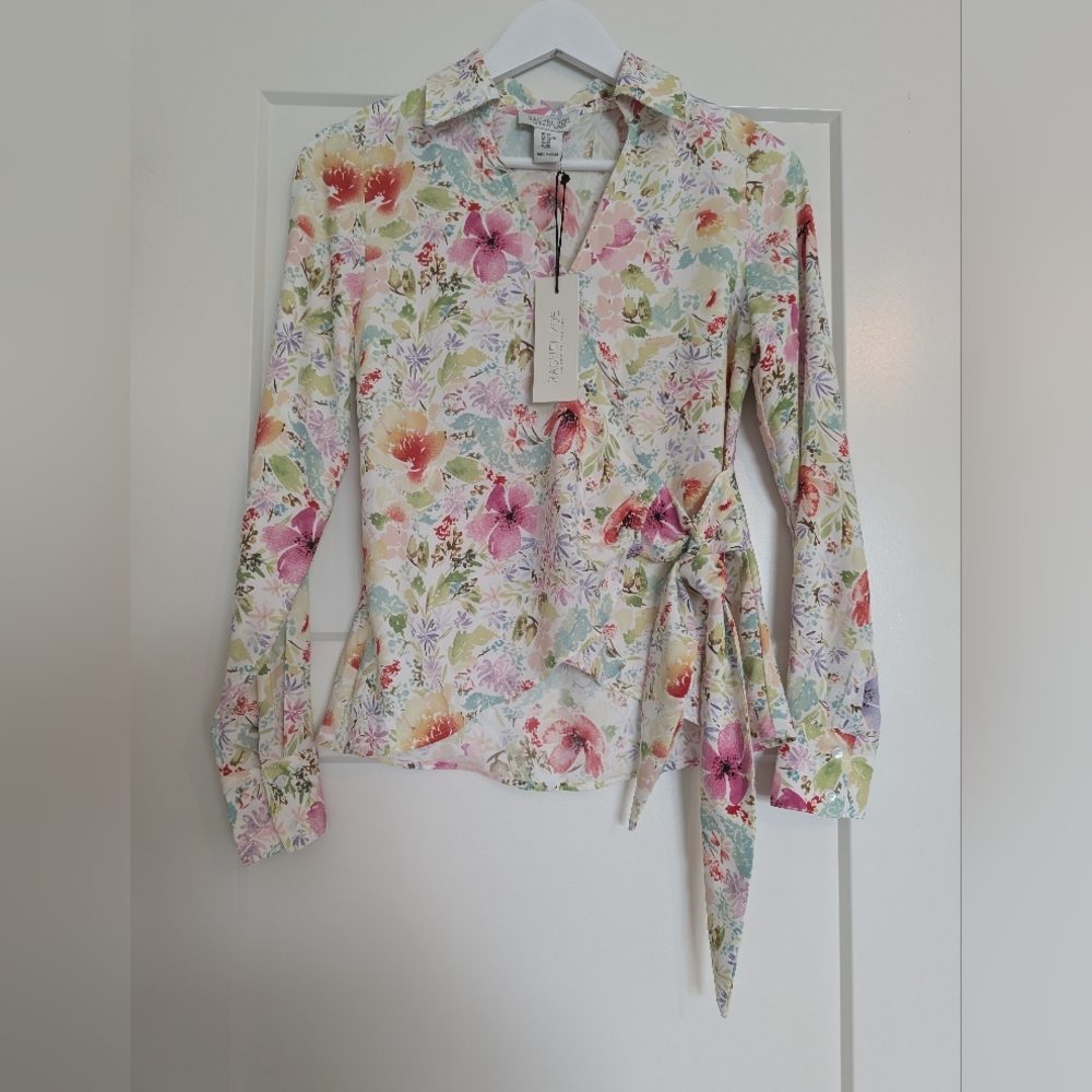 Rachel Zoe Floral Long Sleeve Women's Blouse Faux Wrap V Neck XS NWT